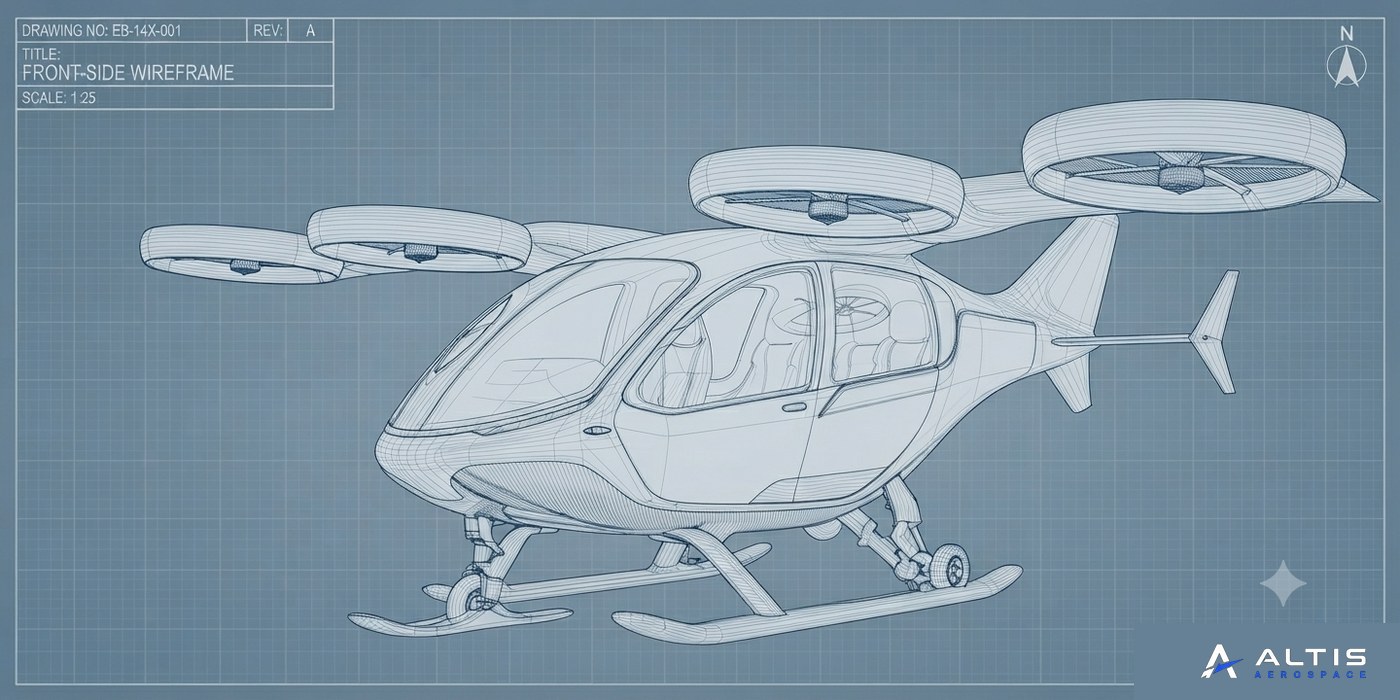 ALTIS Q1 digital twin wireframe render, cabin and rotor detail