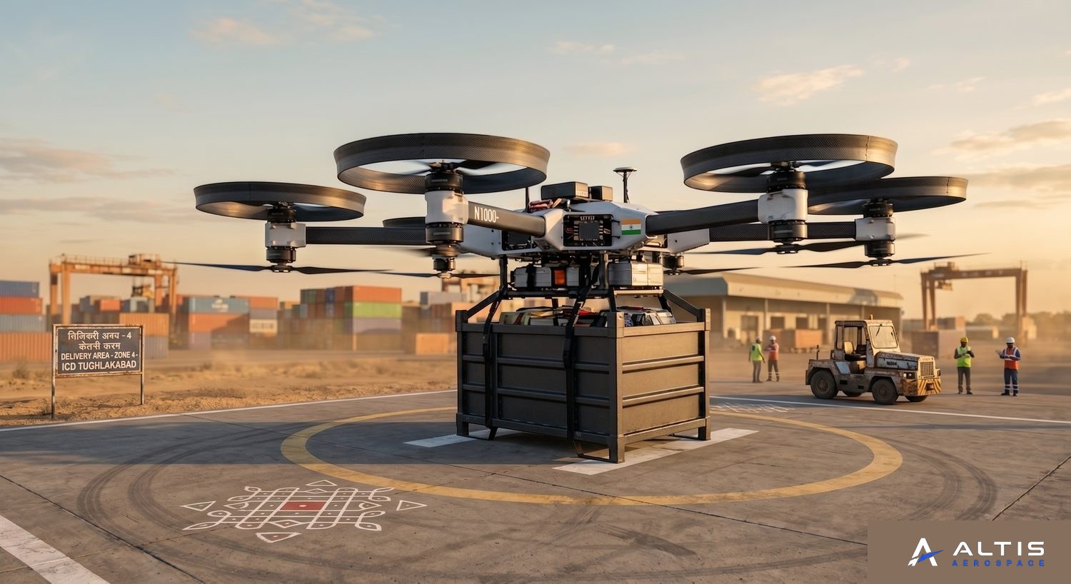 ALTIS C1 heavy-lift cargo drone hovering over a delivery zone with a cargo container