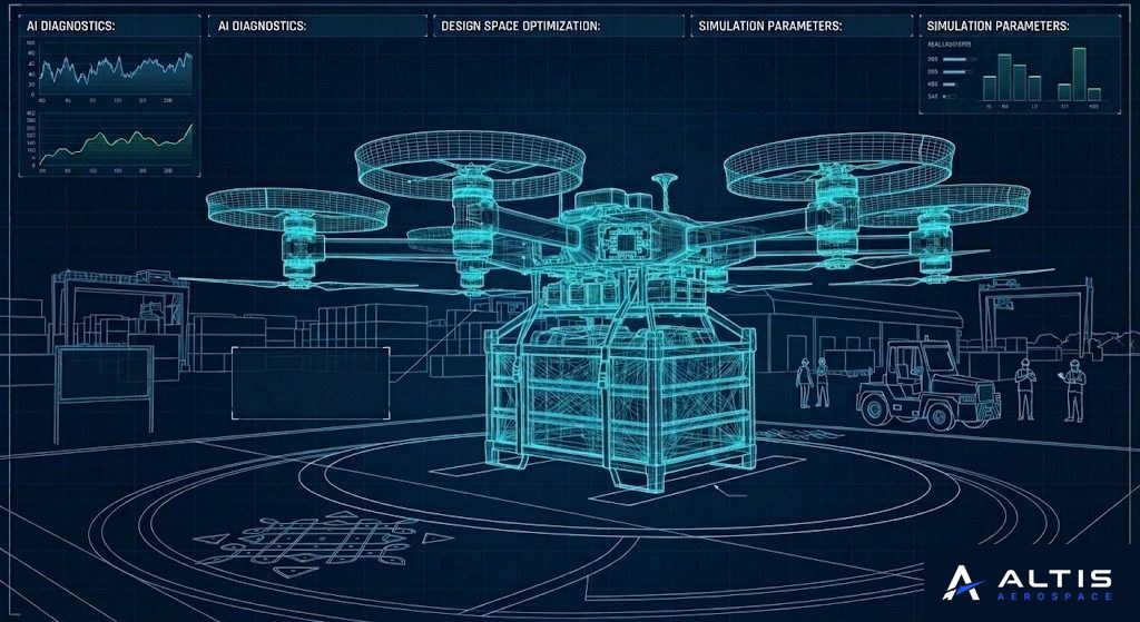 ALTIS C1 digital twin wireframe with AI diagnostics overlays