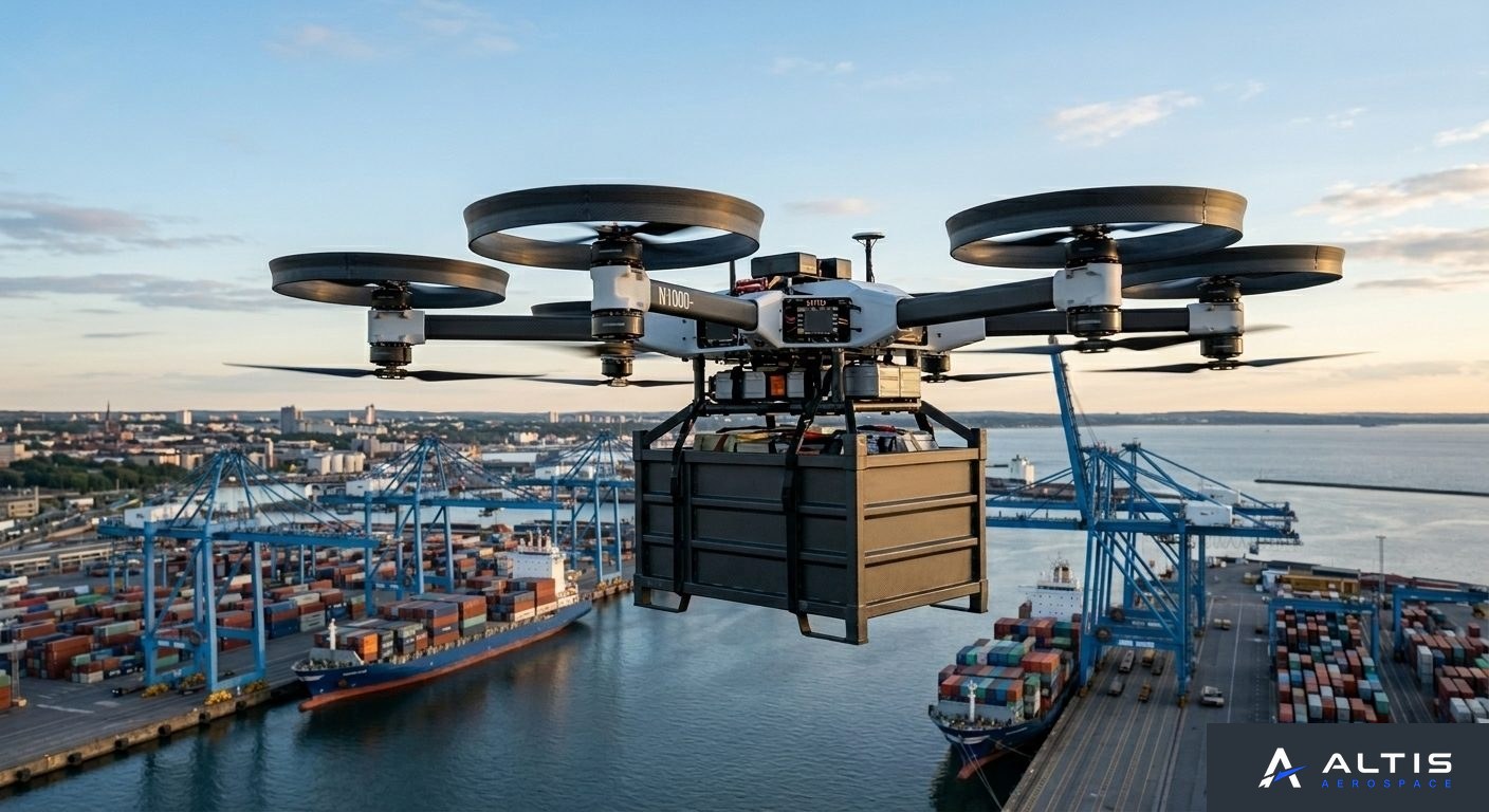 ALTIS C1 cargo drone flying cargo over a container port