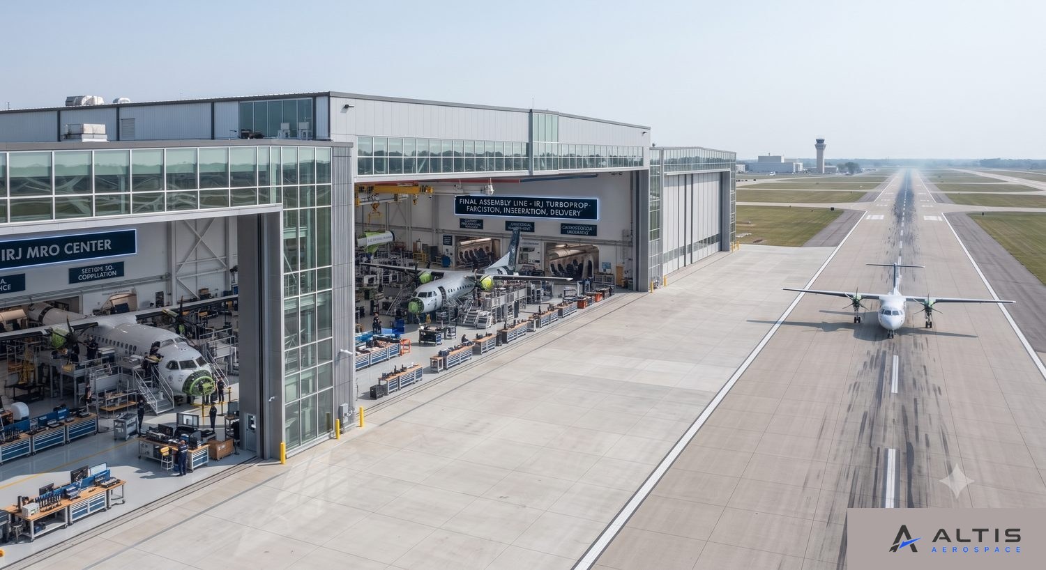 Aerial view of the ALTIS AEROSPACE campus, final assembly hangar and runway, Bengaluru